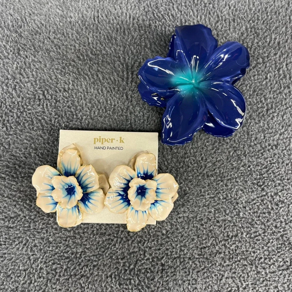 Piper K Floral Clip-On Earrings & Hair Claw Set Beach Tropical Bora Hand Painted